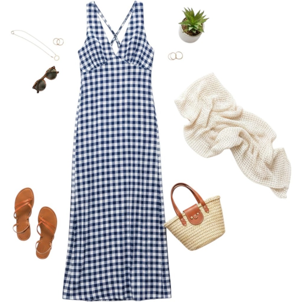 Old‎ Navy Maxi Dress Gingham Linen Blend Womens Size S Blue Summer Party Casual